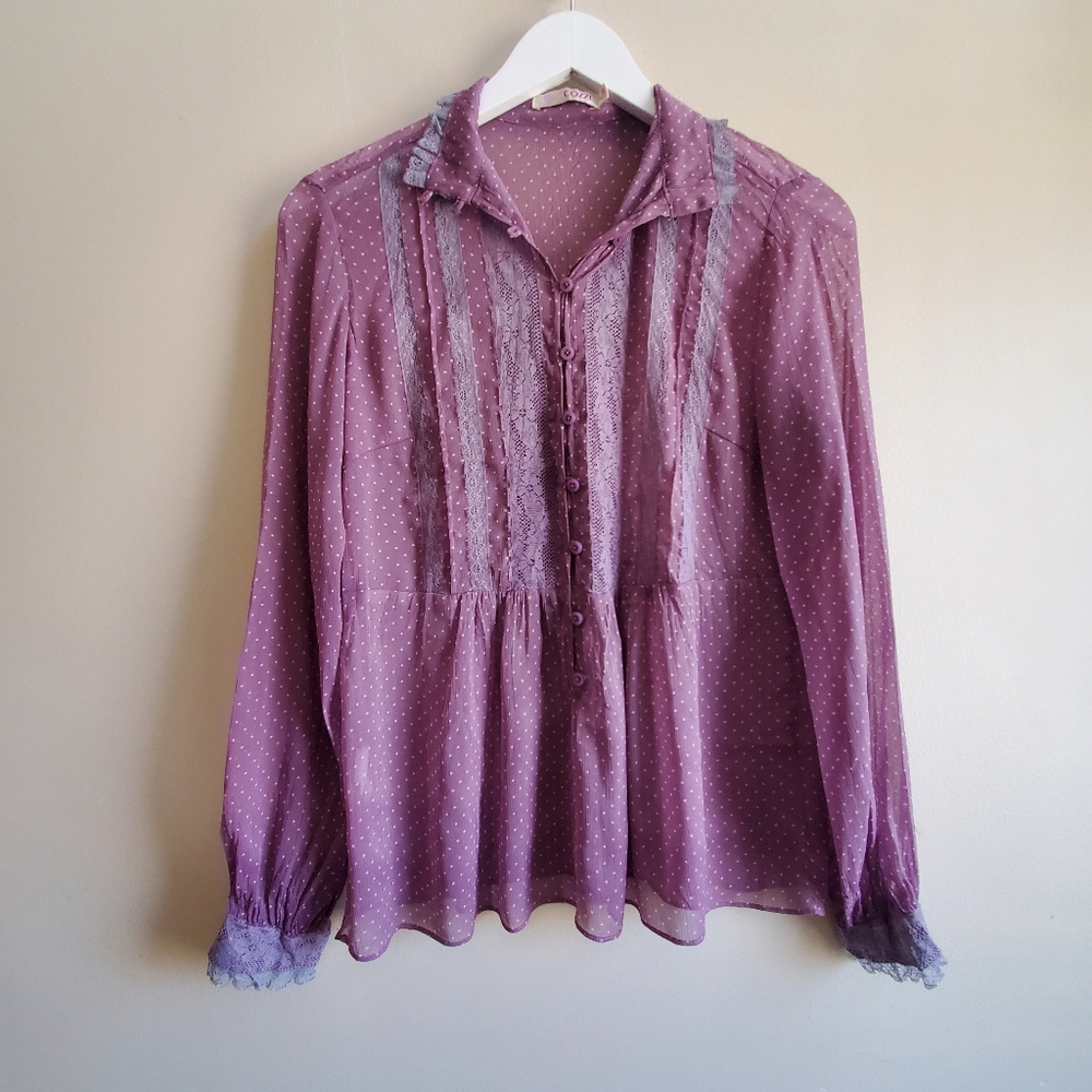 Vintage purple blouse with lace, long sleeve, Semi Sheer, Medium Size
